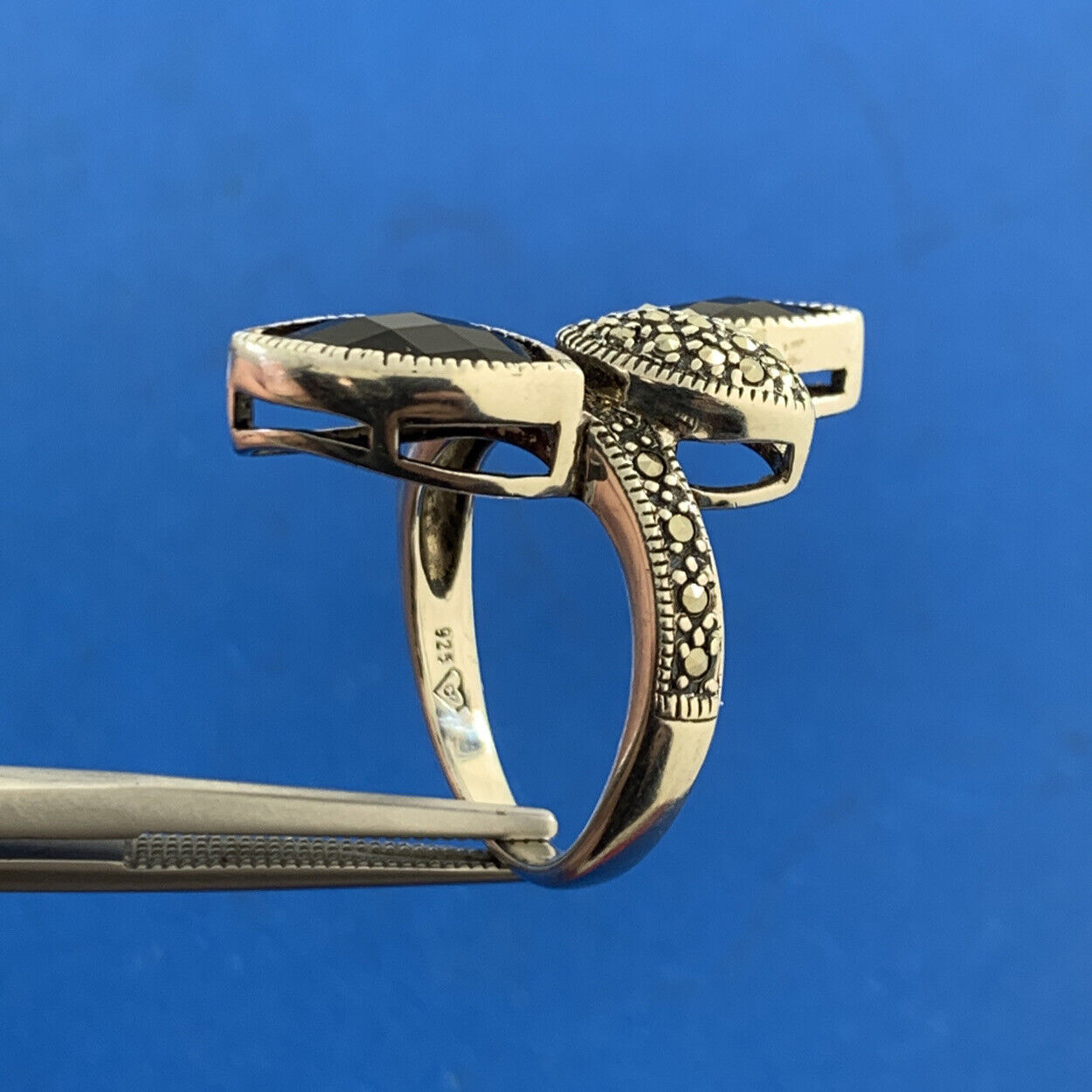 Designer 925 Sterling Silver Faceted Black Onyx Marquise Marcasite Accented Ring