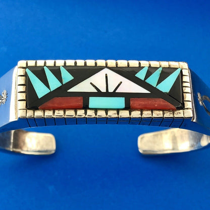 Rare Kee Montoya Navajo Sterling Silver Multi Gem Inlay Statement Cuff Bracelet