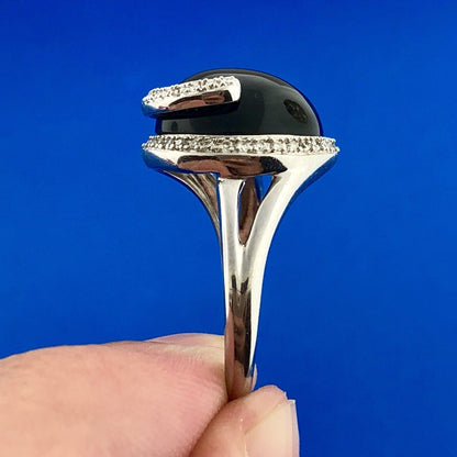 Vintage Modernist 14K White Gold Black Onyx Diamond Snake Swirl Cocktail Ring