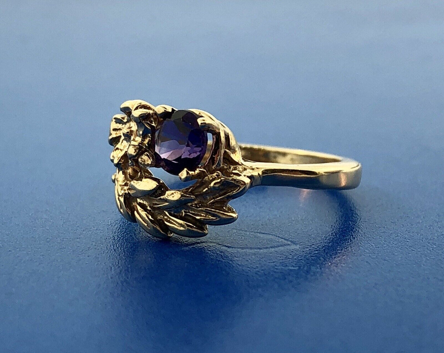 Art Deco 14K Yellow Gold Amethyst Floral Leaf Grecian February Anniversary Ring