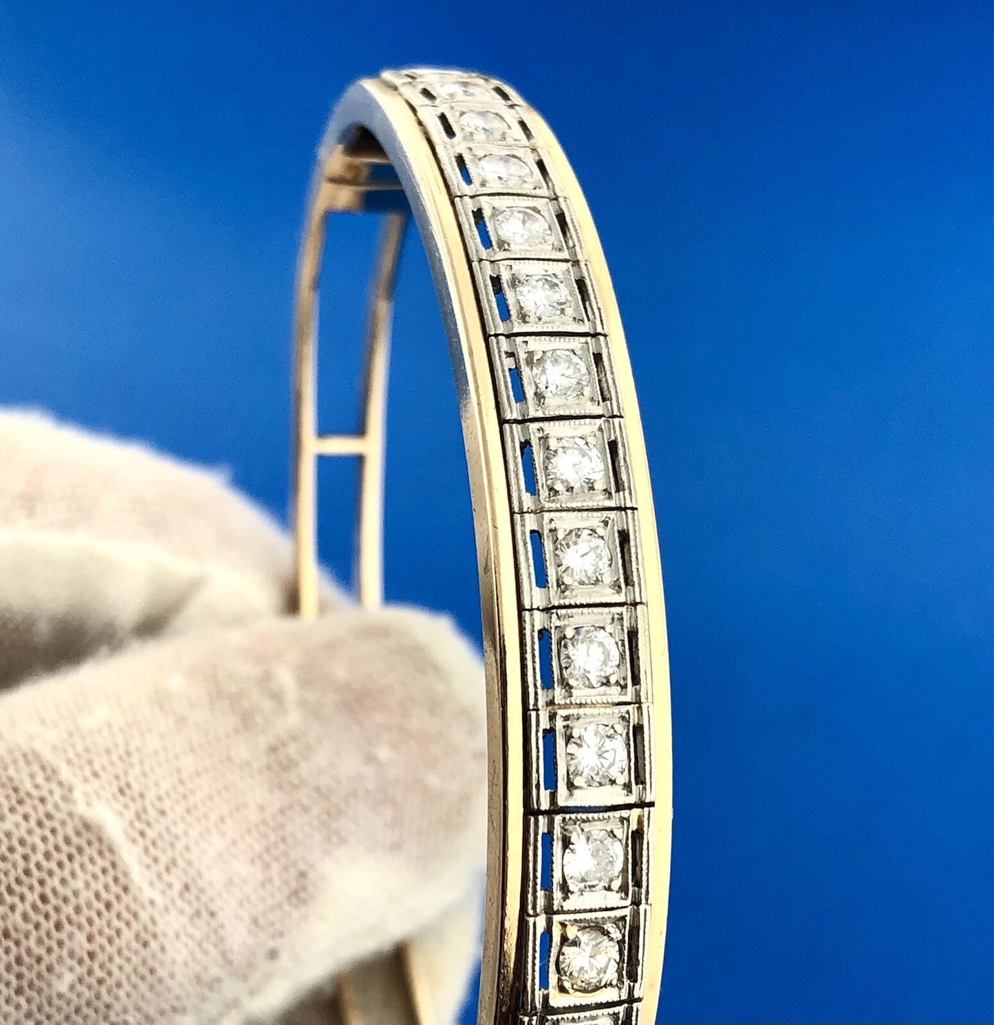 Art Deco Art Nouveaux 14K Yellow White Gold Diamond Ladder Hinged Cuff Bracelet