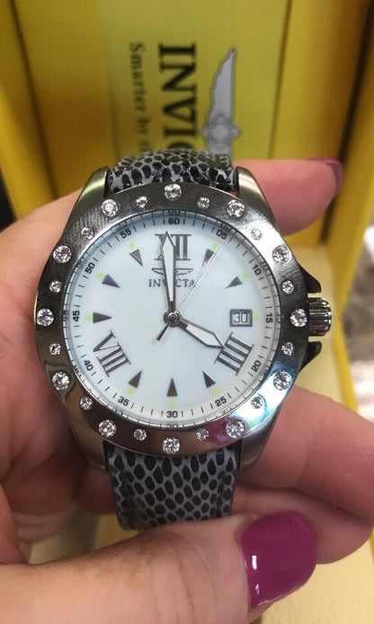 Invicta Women's Angel Quartz 100m Stainless Steel Watch Model 18350 Grey Leather