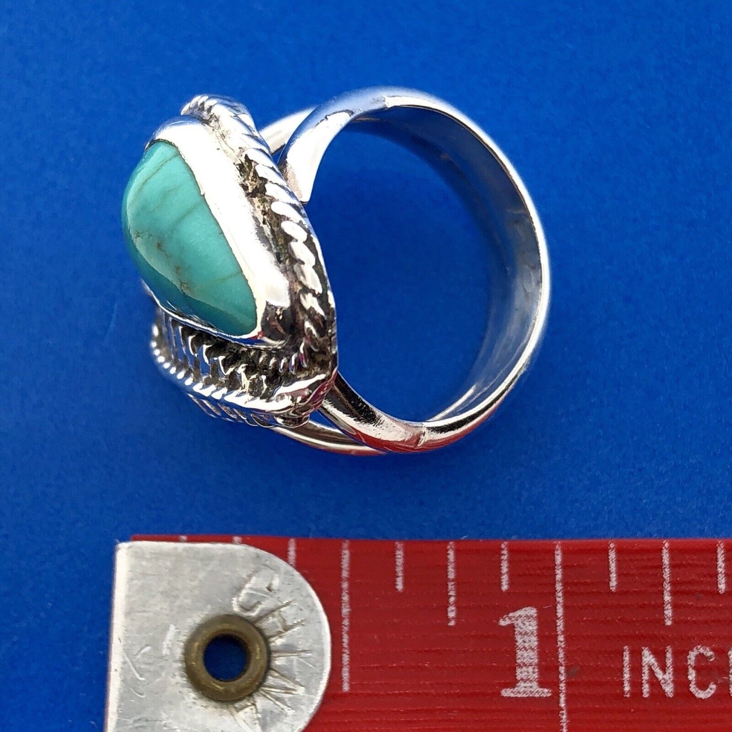 Vintage Native American DB Sterling Silver 925 Turquoise Feather Chunky Ring