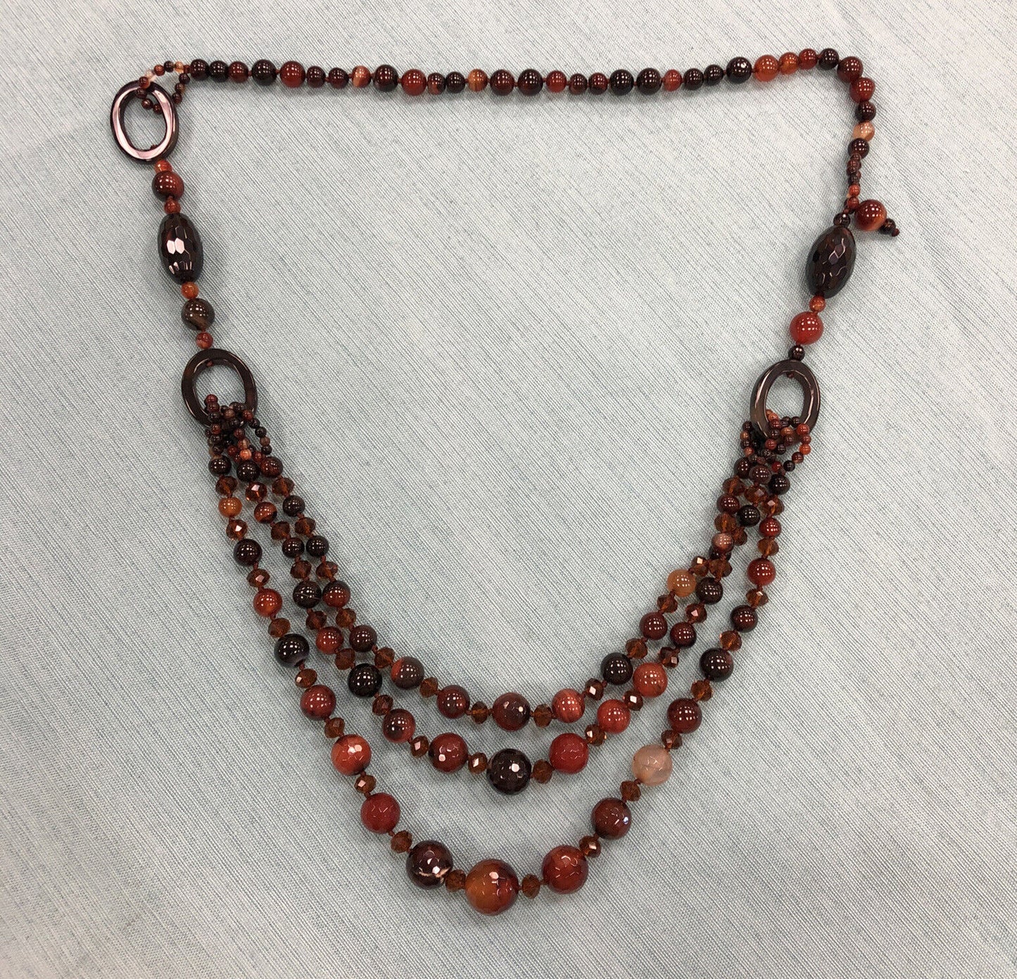 Vintage Designer Hand Knotted Carnelian Obsidian Agate Beaded 3 Tier Necklace