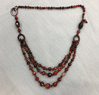 Vintage Designer Hand Knotted Carnelian Obsidian Agate Beaded 3 Tier Necklace