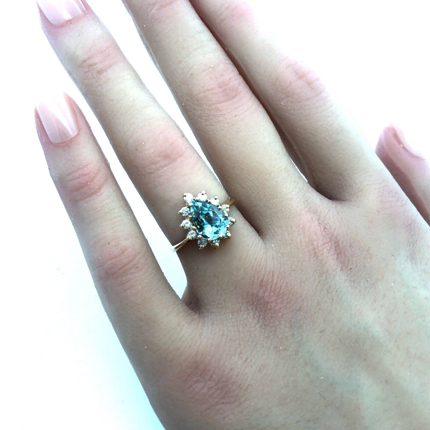 14K Yellow Gold Blue Topaz Diamond Halo December Birthday Occasion Cocktail Ring