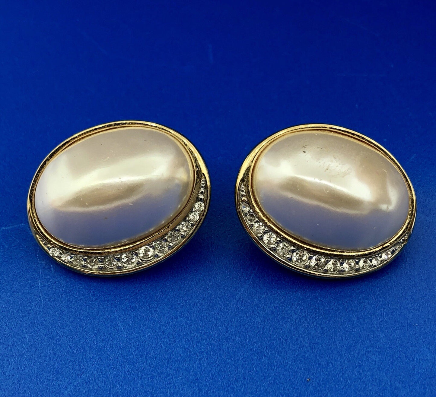 Vintage Richelieu Gold Tone Mabe Pearl Rhinestone Statement Stud Earrings