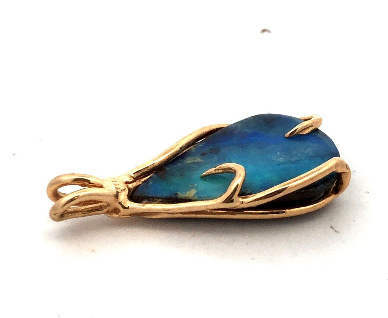 Estate 14K Yellow Gold Teardrop Blue Opal Wire Wrapped Modernist Pendant