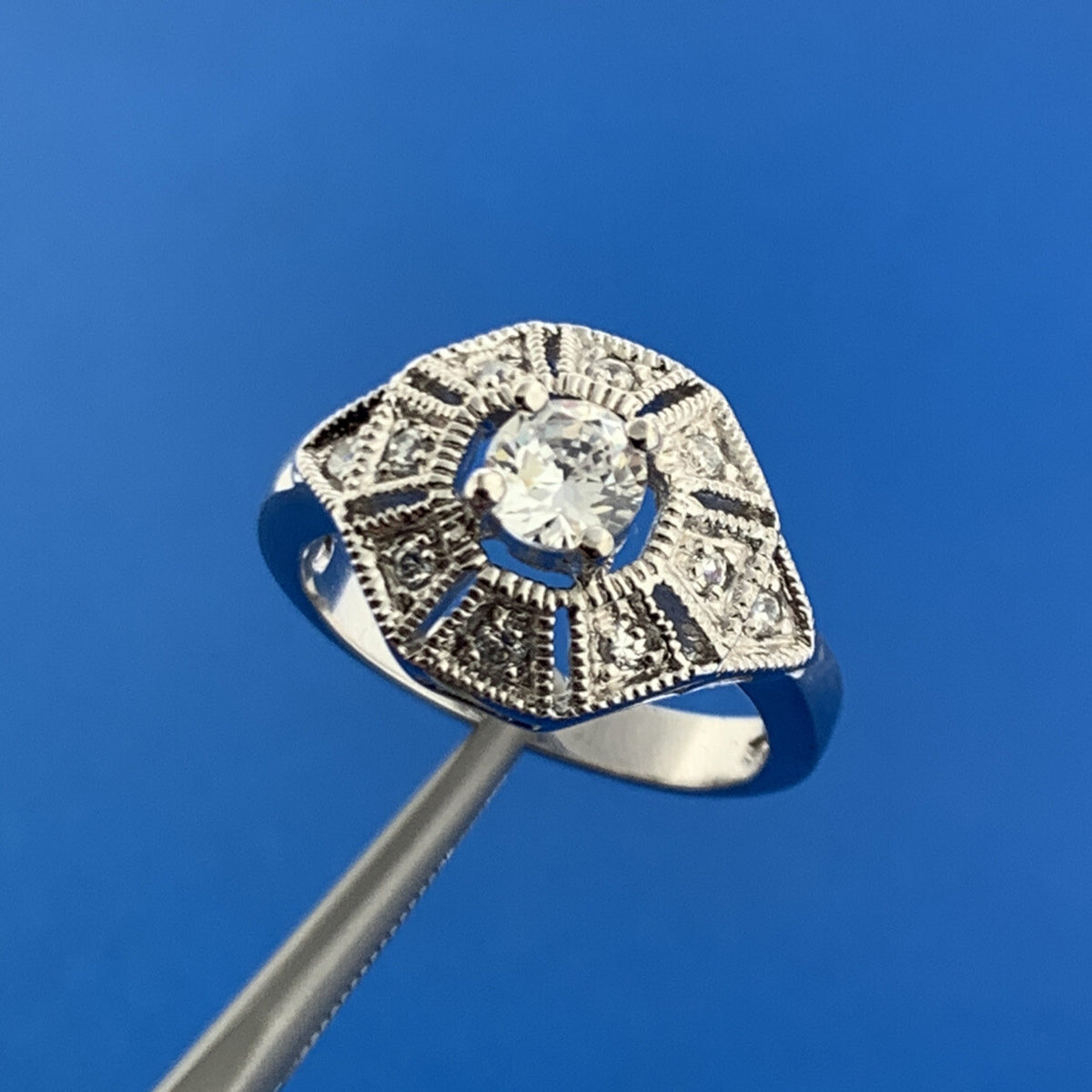 Designer Art Deco Style Sterling Silver Cubic Zirconia Statement Cocktail Ring