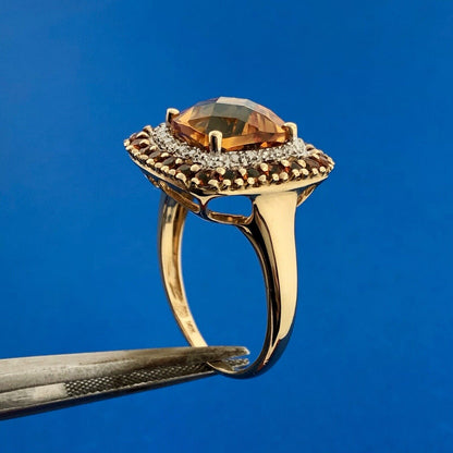 Designer 14K Yellow Gold Citrine Diamond Citrine Halo Statement Anniversary Ring
