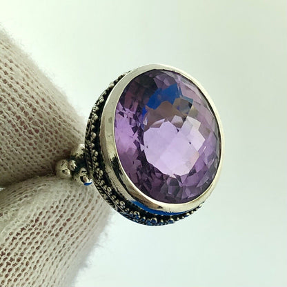 Stunning Sterling Silver 925 Faceted 13.25 ct Amethyst Dome Ring Size 8.75