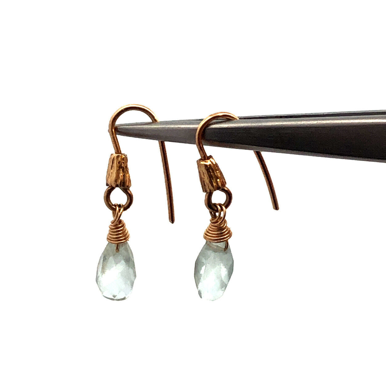 14k Yellow Gold Aquamarine Calming Soothing Dangle Hook Earrings