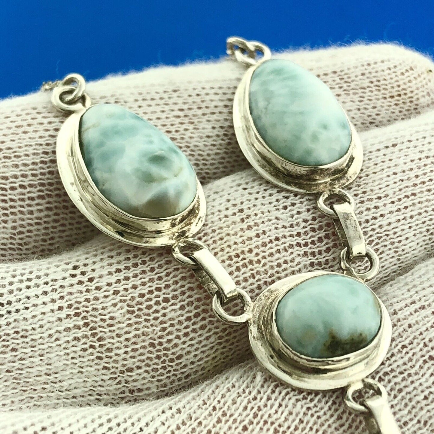 Stunning Sterling Silver 925 Cabochon Larimar Triangular S Link 15" Necklace