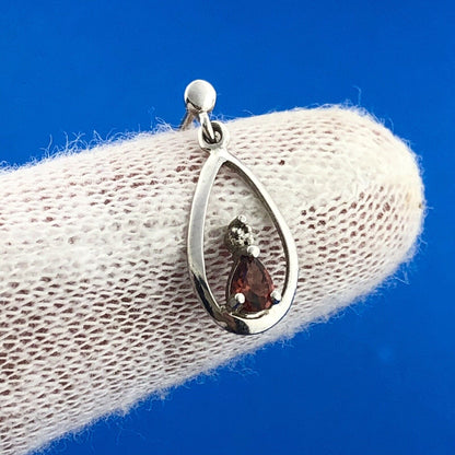 Designer QG Sterling Silver Garnet Diamond Openwork Teardrop Dangle Earrings