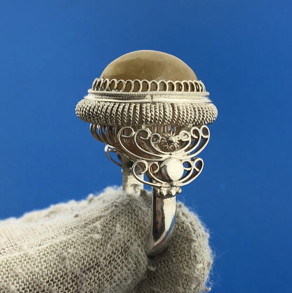 Stunning 980 Fine Silver Large Cabochon Lemon Agate Statement Ring Size 6.5