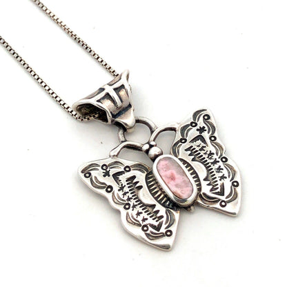 Native American 925 Sterling Silver Pink Agate Storyteller Butterfly Necklace