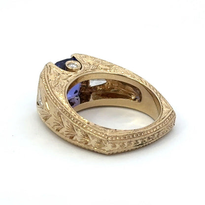 Designer 14K Yellow Gold Round Amethyst Diamond Floral Vintage Filigree Ring