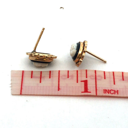 Vintage 14K Yellow Gold Oval Black Onyx Cabochon White Cameo Stud Earrings