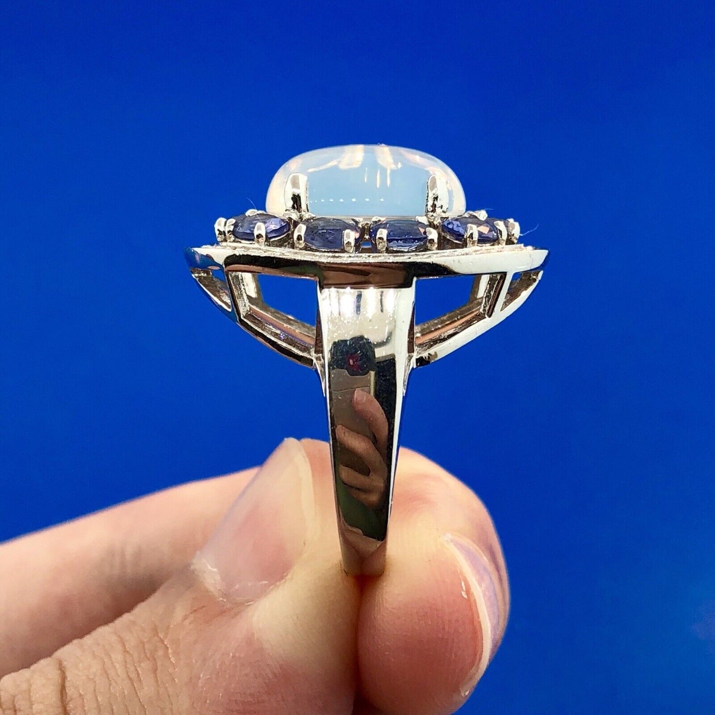 925 Sterling Silver Moonstone Tanzanite Diamond Double Halo Statement Ring