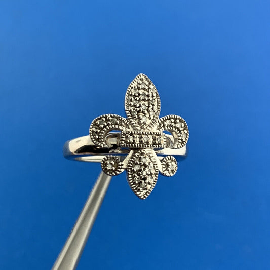 Designer 925 Sterling Silver Diamond Fleur De Lis New Orleans Religious Ring