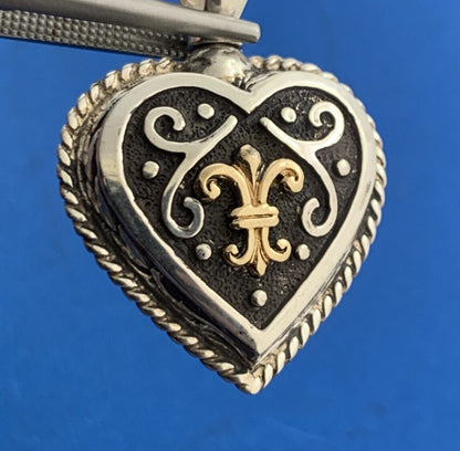Designer 925 Sterling Silver 14K Gold Fleur De Lis Scroll Heart Pendant