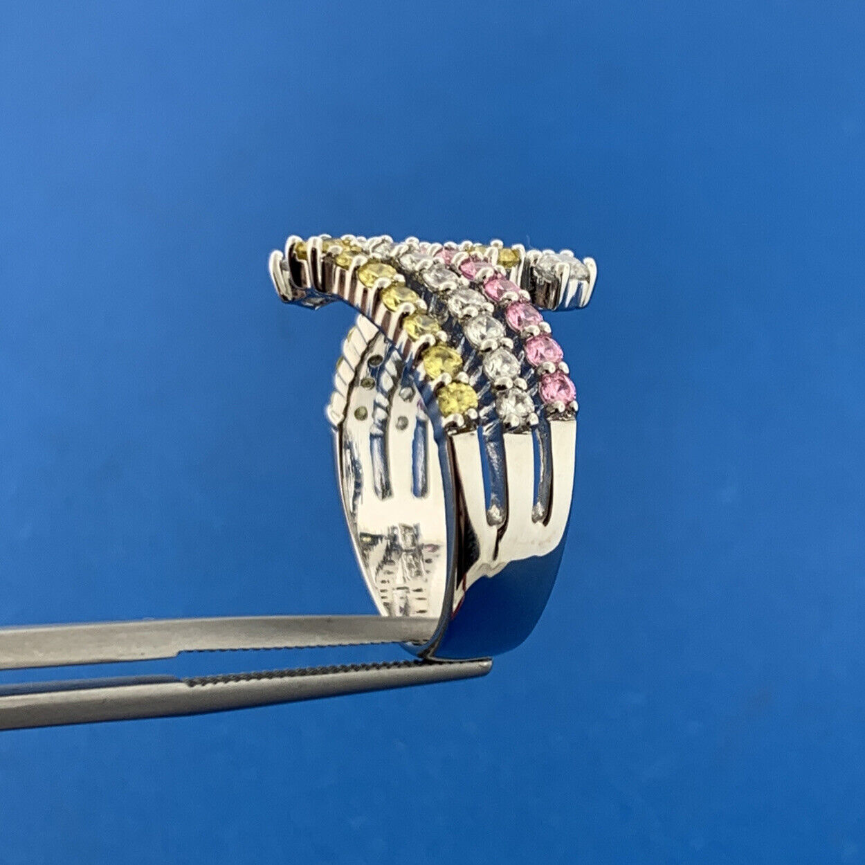 Designer Sterling Silver Pink White Yellow Cubic Zirconia Statement Bypass Ring