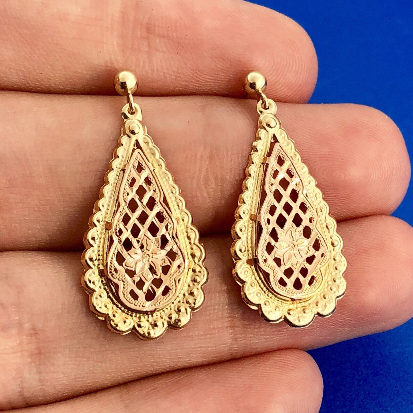 Vintage JCM 14K Yellow Rose Gold Floral Filigree Scroll Pear Dangle Earrings