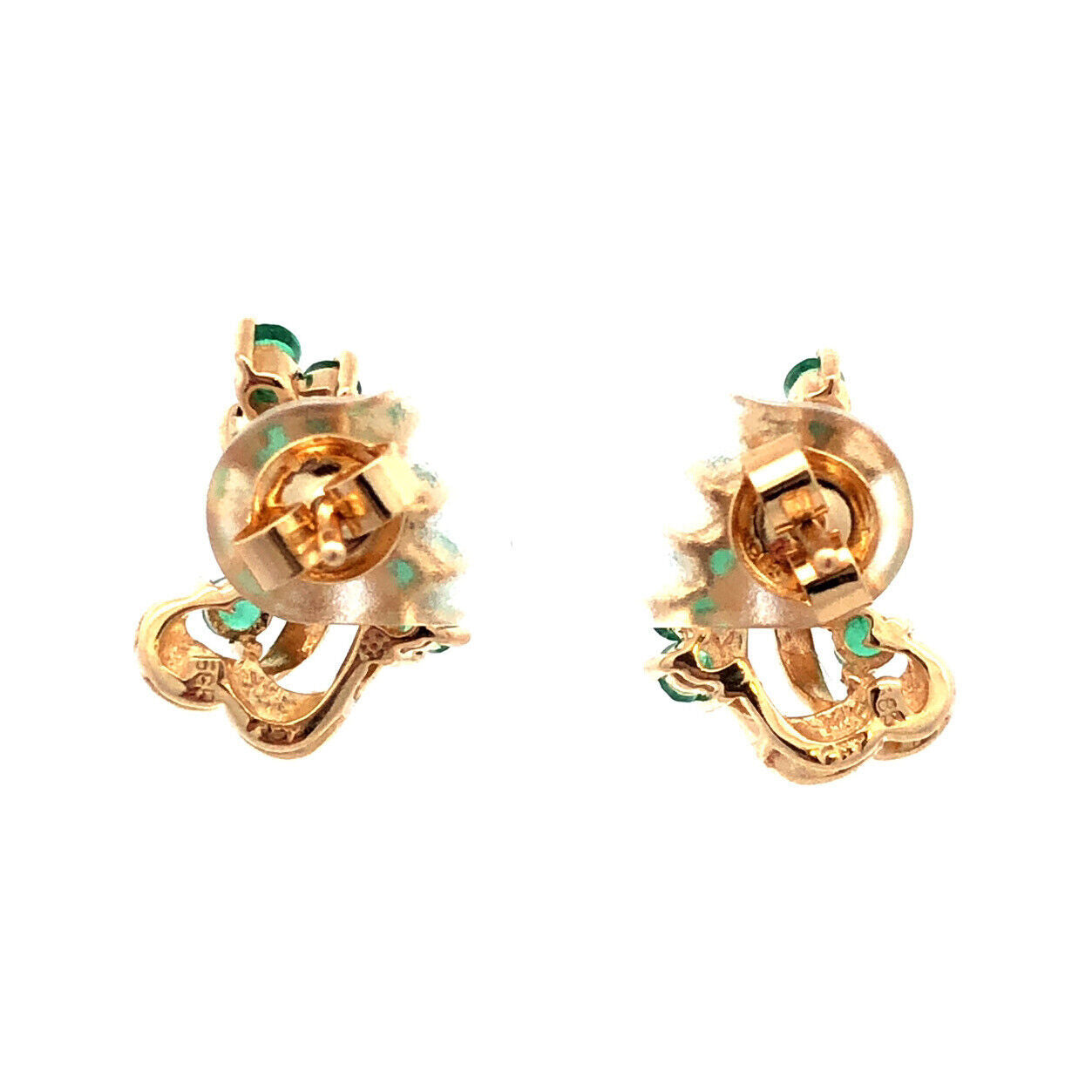 14K Yellow Gold Designer CET Round Green Emerald Leaf Statement Stud Earrings