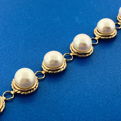 Vintage Elegant 14K Yellow Gold Pearl June Wedding Panel Link Bracelet