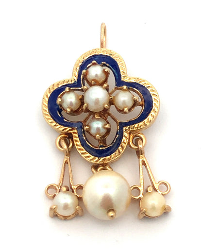 Estate 14K Yellow Gold Round Pearl Blue Enamel Drop Dangle Pendant