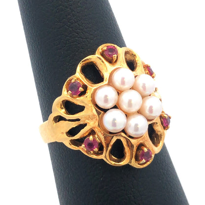 Vintage 18k Yellow Gold Pearl Cluster Ring with Ruby Accents