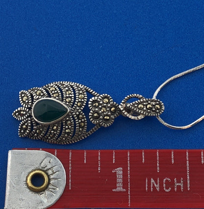 Retro Sterling Silver 925 Marcasite Green Glass Art Deco Style Pendant Necklace