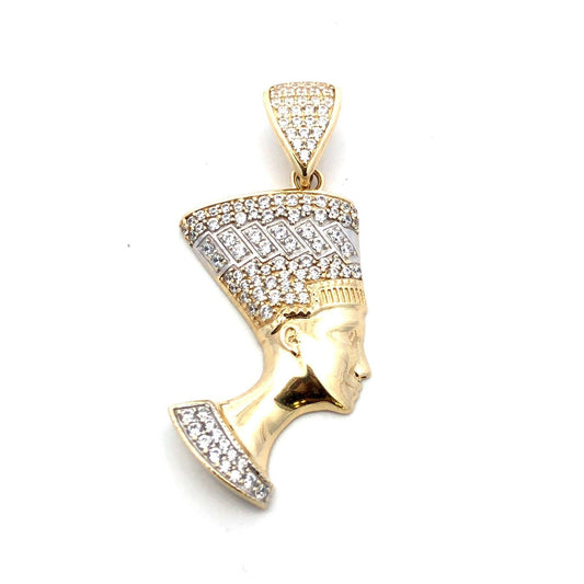 Designer NG 10K Yellow Gold White Topaz Pave Egyptian Queen Nefertiti Pendant