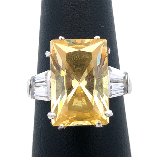 Designer CWE 925 Sterling Silver Radiant Emerald Lemon Quartz CZ Accent Ring