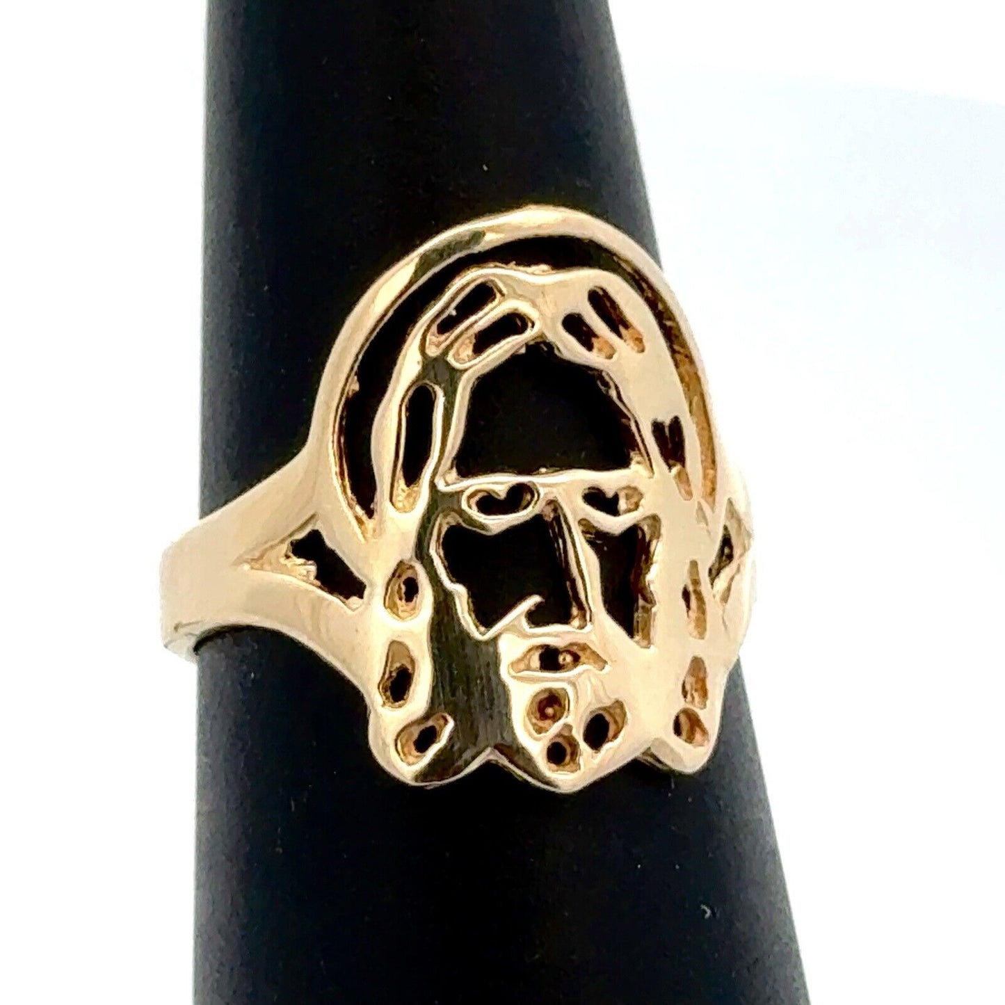 14K Yellow Gold Modernist Cutout Jesus Christ Face Religious Ring