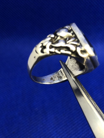 Estate Sterling Silver Emerald Cut Blue Topaz Scroll Floral Vine Cocktail Ring