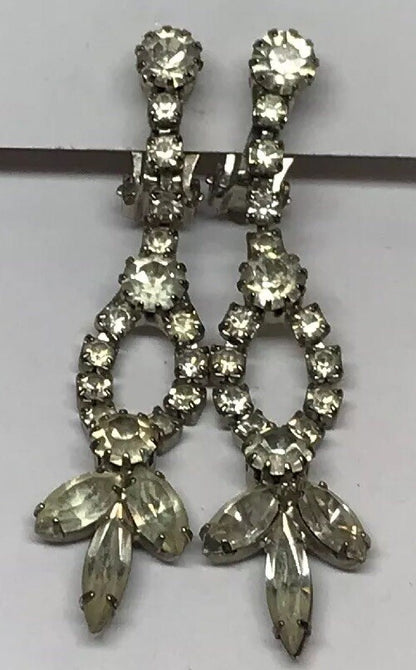 Vintage Art Deco Crystal Rhinestone Chandelier Statement Dangle Clip On Earrings