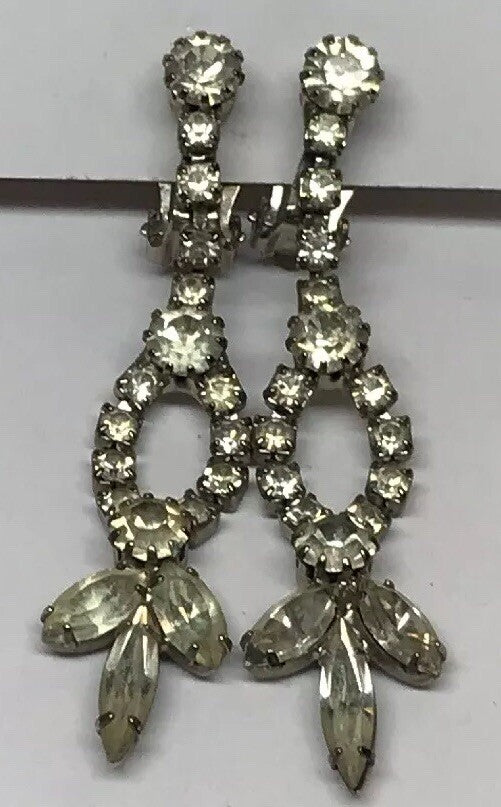 Vintage Art Deco Crystal Rhinestone Chandelier Statement Dangle Clip On Earrings