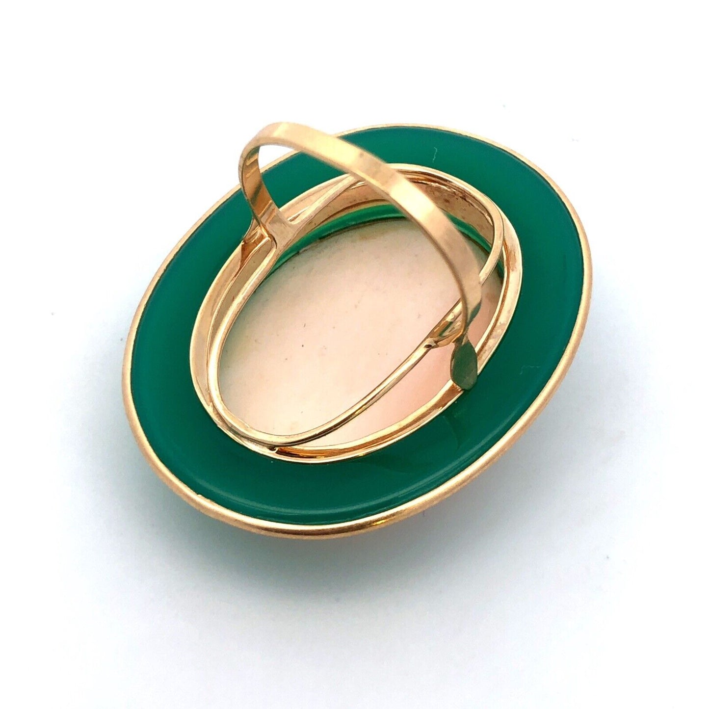 Designer Italy 14K Yellow Gold Oval Green Jade Pink Cameo Statement Ring