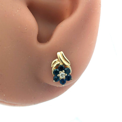 14K Yellow Gold Diamond Sapphire Floral Cluster September Anniversary Earrings