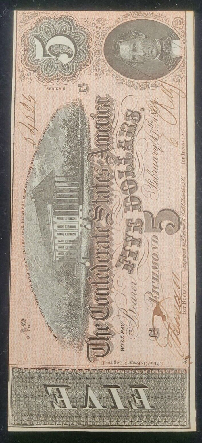 1864 $5 Richmond, VA Confederate States of America Rare Obsolete Bank Note
