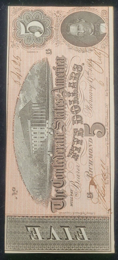 1864 $5 Richmond, VA Confederate States of America Rare Obsolete Bank Note