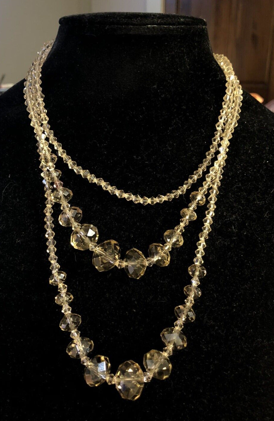 Retro Sparkling 2pc Lot Champagne Faceted Glass Crystal Bead Layering Necklaces