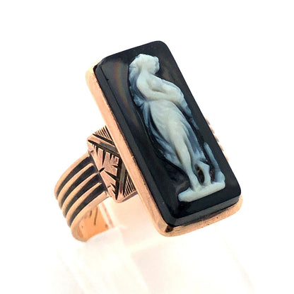 Vintage Estate 14k Yellow Gold Rectangle Onyx Cameo Statement Ring Size 5.75