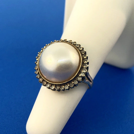 Vintage 14K Yellow Gold Mabe Pearl Diamond Halo Cocktail Dinner Ring