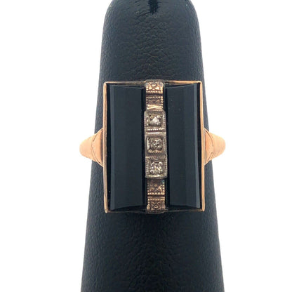 Art Nouveau Art Deco 10K Yellow Gold Diamond Black Onyx Statement Cocktail Ring