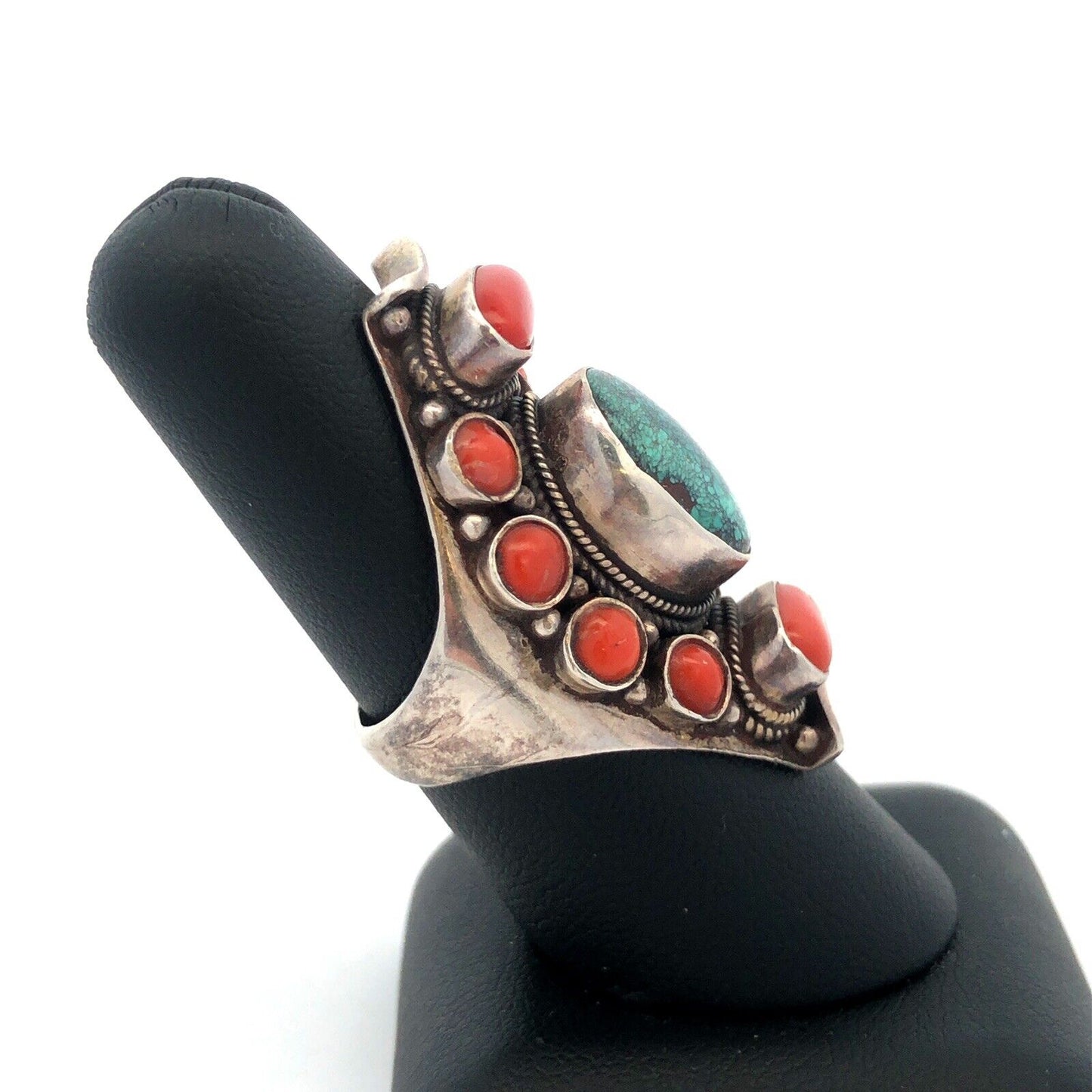 Old Pawn Unsigned 925 Sterling Silver Turquoise Coral Statement Finger Ring
