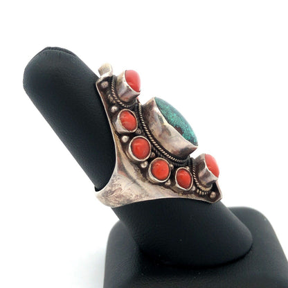 Old Pawn Unsigned 925 Sterling Silver Turquoise Coral Statement Finger Ring