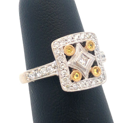 14K White Gold QJM Filigree Yellow White Diamonds Art Deco Style Statement Ring