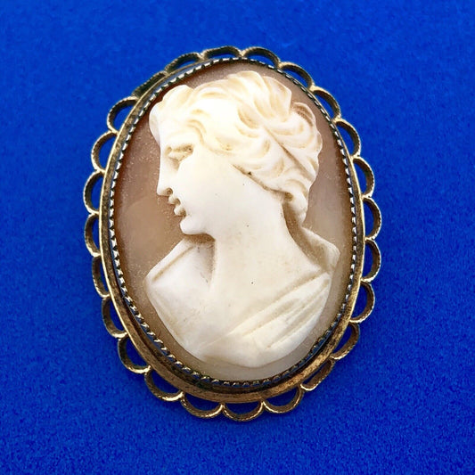 Vintage AMCO 14K Yellow Gold Filled Carved Shell Cameo Ornate Pin Brooch Pendant